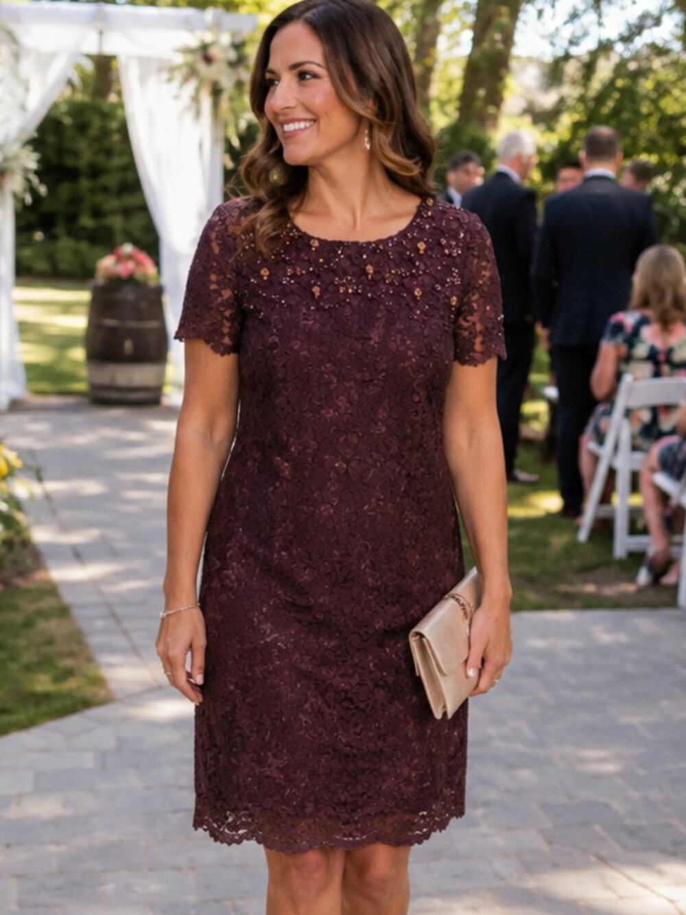 Vintage 90s Brown Beaded Lace Fitted Midi Cocktail Dress Women's Size 10